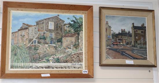 Robert Powter, 2 oils on board, Cottage and Street scene, largest 34 x 44cm